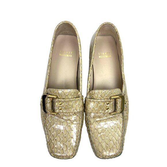 Stuart Weitzman Loafers Snakeskin Embossed Patent Leather Beige Gold Buckle 7M - Picture 7 of 10